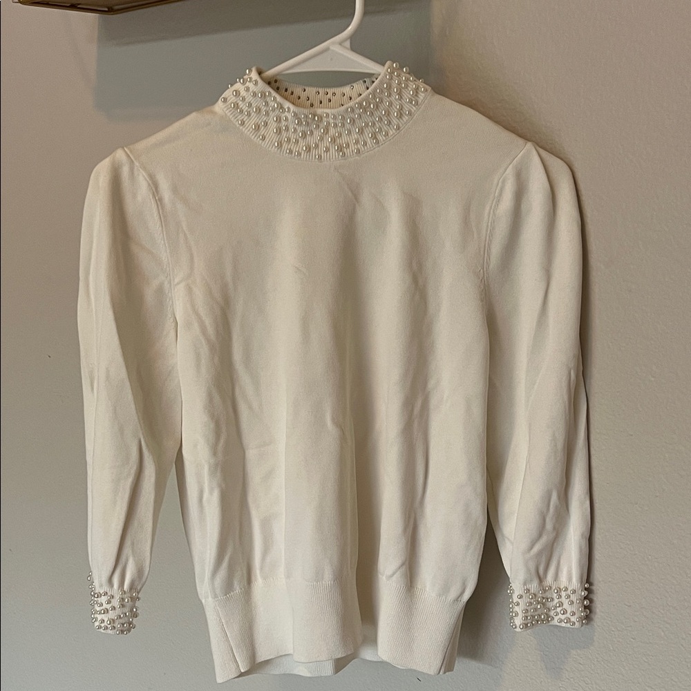 H&M White Beaded Sweater